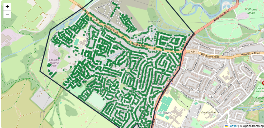 Recorded delivery coverage across Bearwood and neighbouring areas, shown with green route markers