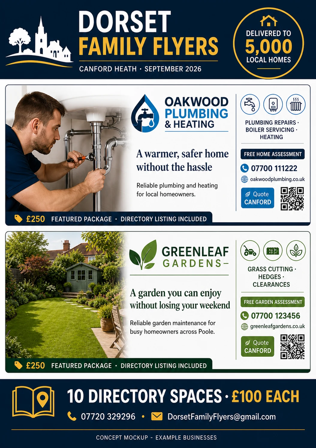 Concept front of a Dorset Family Flyer showing two £250 featured packages